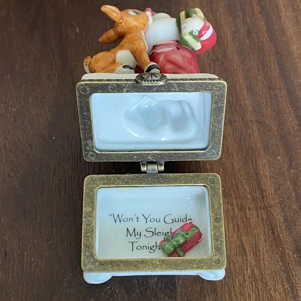 Midwest Of Cannon Falls Rudolph And Santa Trinket Box Vintage 1999 w/ Present